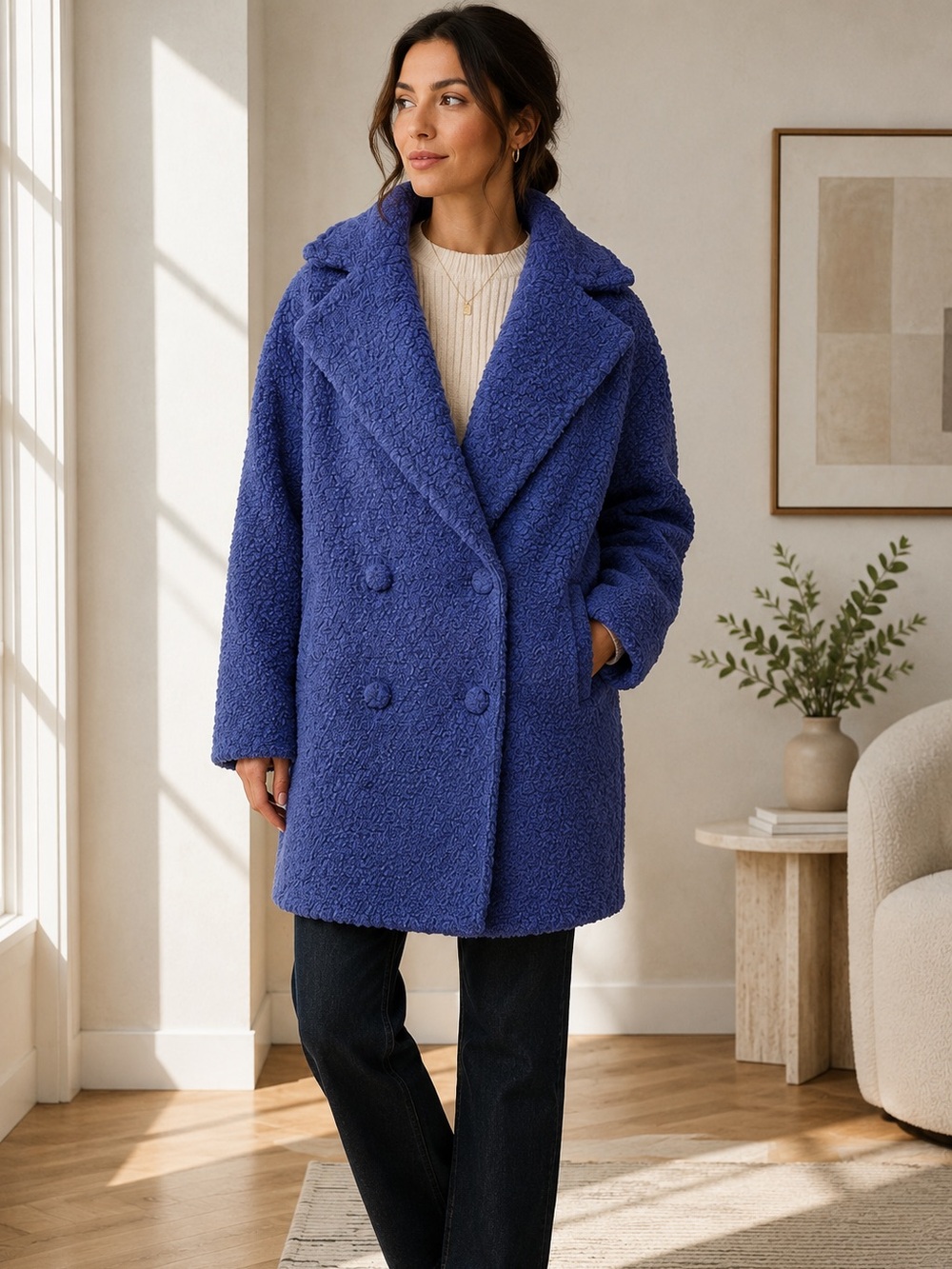 Molly Bracken Blue Boucle Teddy Coat Oversized Cocoon Shawl Collar Medium